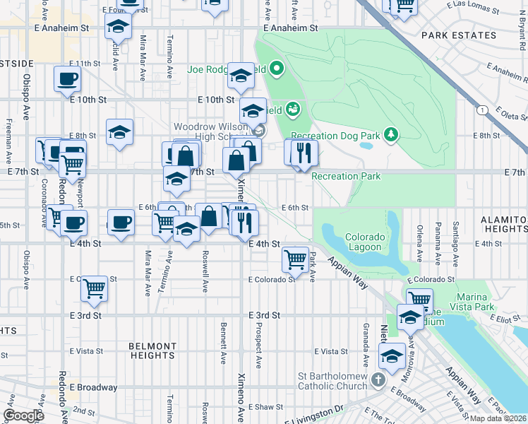 map of restaurants, bars, coffee shops, grocery stores, and more near 620 Prospect Avenue in Long Beach