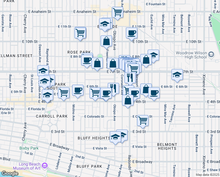 map of restaurants, bars, coffee shops, grocery stores, and more near 619 Obispo Avenue in Long Beach
