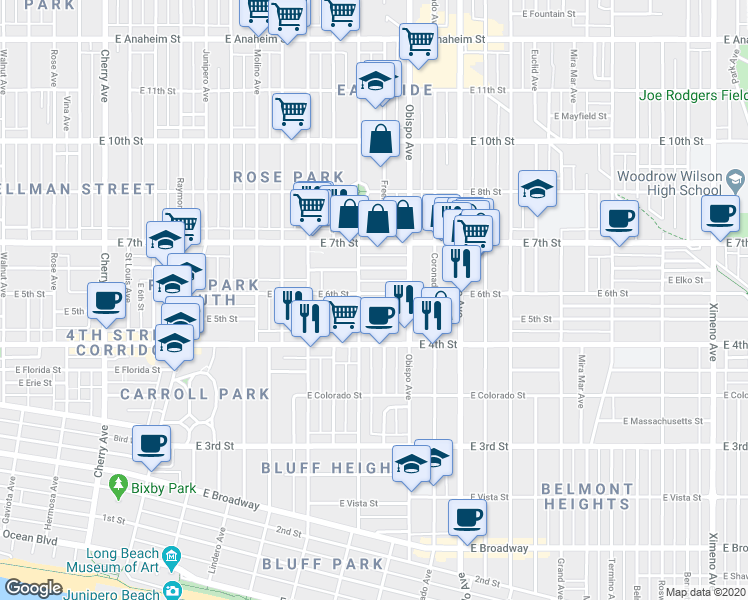 map of restaurants, bars, coffee shops, grocery stores, and more near 622 Orizaba Avenue in Long Beach