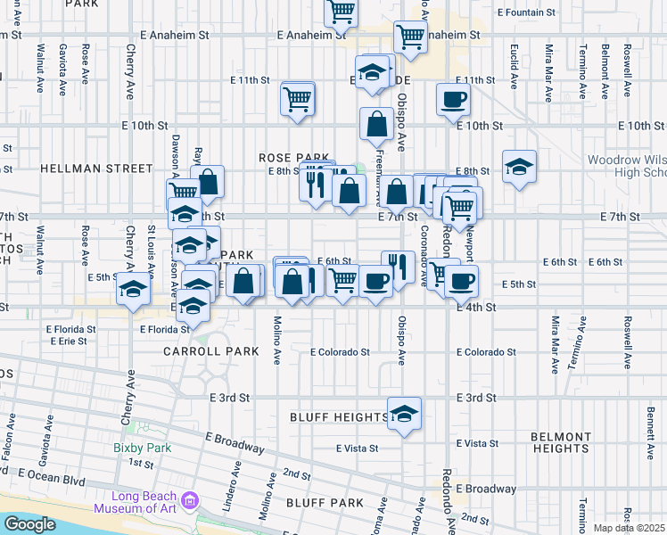 map of restaurants, bars, coffee shops, grocery stores, and more near 2840 East Theresa Street in Long Beach