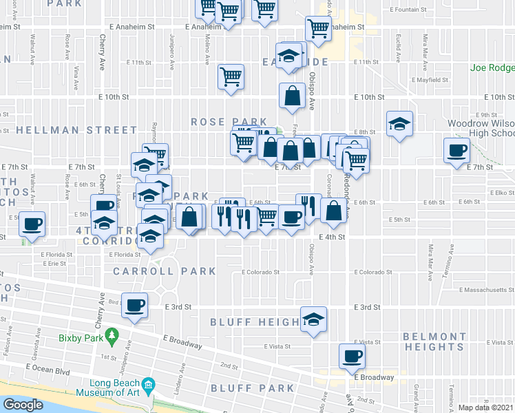 map of restaurants, bars, coffee shops, grocery stores, and more near 2840 East Theresa Street in Long Beach