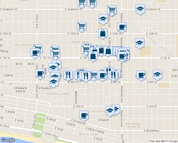 map of restaurants, bars, coffee shops, grocery stores, and more near 2840 East Theresa Street in Long Beach