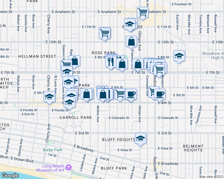 map of restaurants, bars, coffee shops, grocery stores, and more near 2840 East Theresa Street in Long Beach