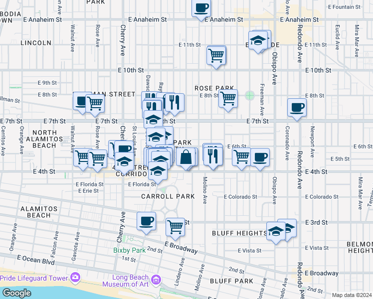 map of restaurants, bars, coffee shops, grocery stores, and more near 625 Stanley Avenue in Long Beach