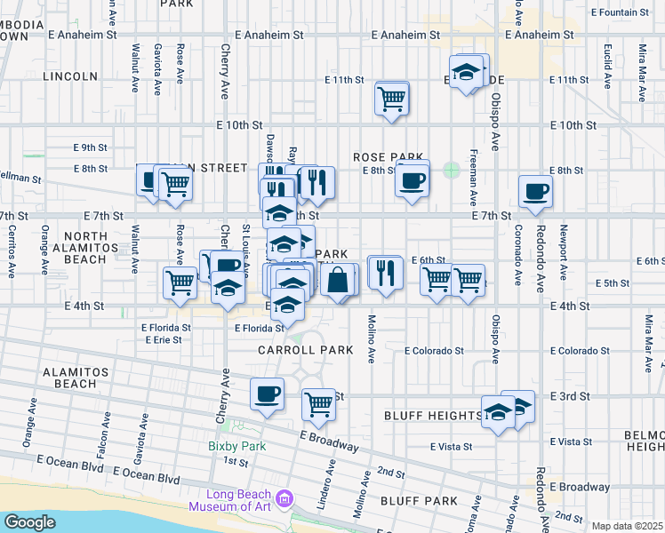 map of restaurants, bars, coffee shops, grocery stores, and more near 625 Stanley Avenue in Long Beach