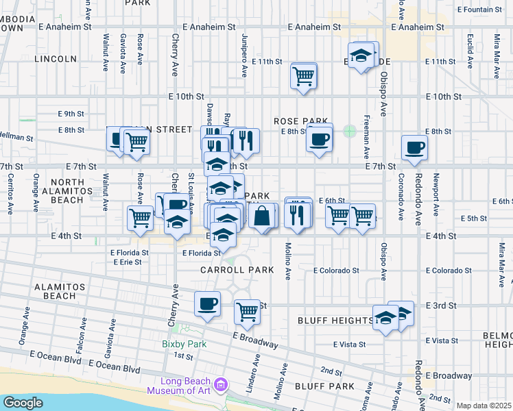 map of restaurants, bars, coffee shops, grocery stores, and more near 625 Stanley Avenue in Long Beach