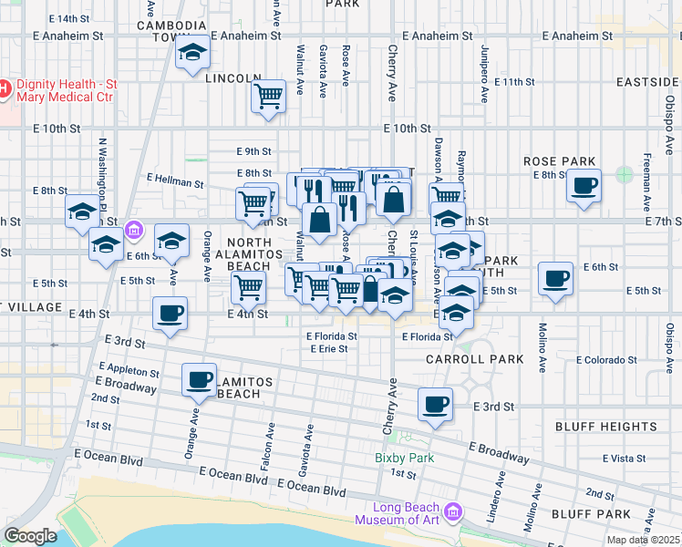 map of restaurants, bars, coffee shops, grocery stores, and more near 527 Rose Avenue in Long Beach