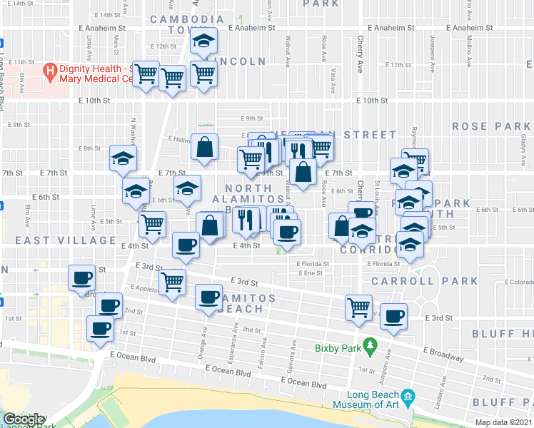 map of restaurants, bars, coffee shops, grocery stores, and more near 575 Walnut Avenue in Long Beach