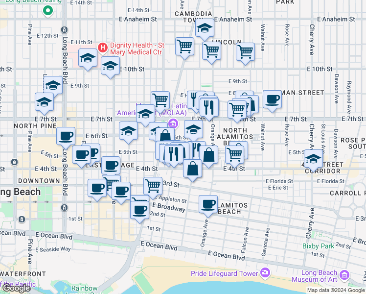 map of restaurants, bars, coffee shops, grocery stores, and more near 1036 East 6th Street in Long Beach