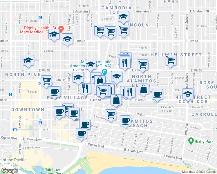 map of restaurants, bars, coffee shops, grocery stores, and more near 1036 East 6th Street in Long Beach