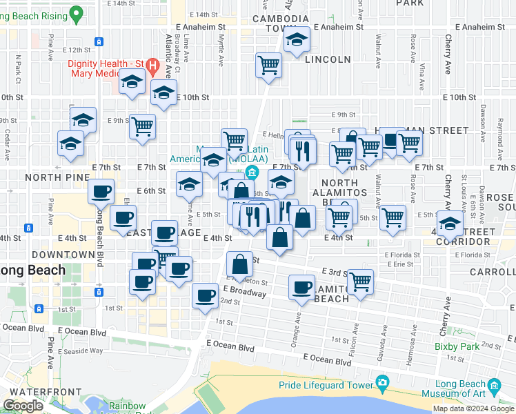 map of restaurants, bars, coffee shops, grocery stores, and more near 1036 East 6th Street in Long Beach