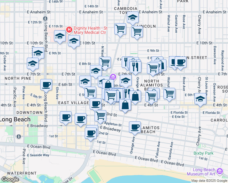 map of restaurants, bars, coffee shops, grocery stores, and more near 1036 East 6th Street in Long Beach