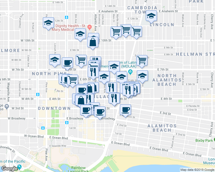 map of restaurants, bars, coffee shops, grocery stores, and more near 548 Lime Avenue in Long Beach