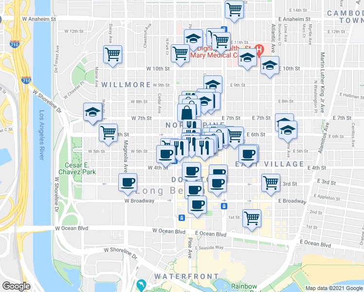 map of restaurants, bars, coffee shops, grocery stores, and more near 595 Pine Avenue in Long Beach