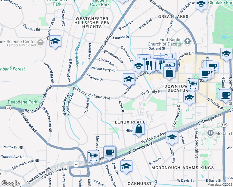 map of restaurants, bars, coffee shops, grocery stores, and more near 705 West Ponce de Leon Avenue in Decatur