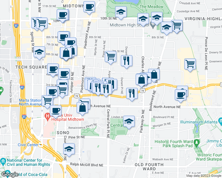 map of restaurants, bars, coffee shops, grocery stores, and more near 710 Argonne Avenue Northeast in Atlanta