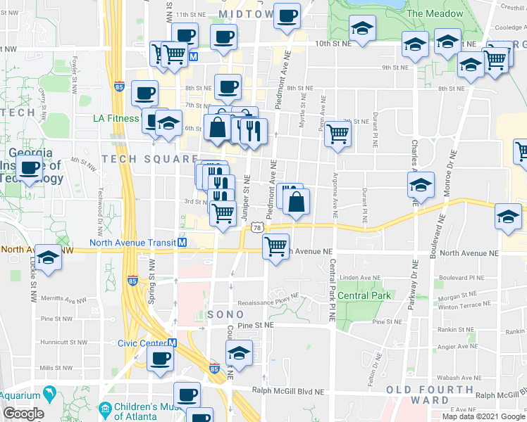 map of restaurants, bars, coffee shops, grocery stores, and more near 705 Juniper Street Northeast in Atlanta