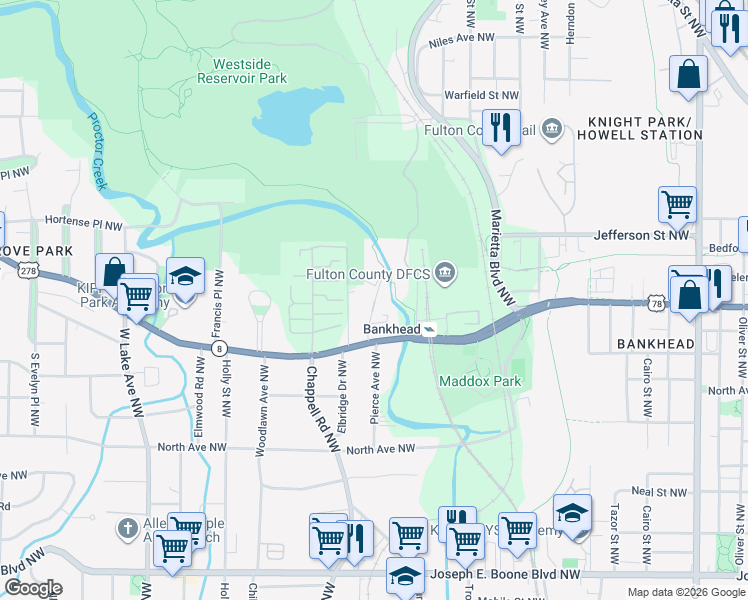 map of restaurants, bars, coffee shops, grocery stores, and more near 689 Elbridge Drive Northwest in Atlanta