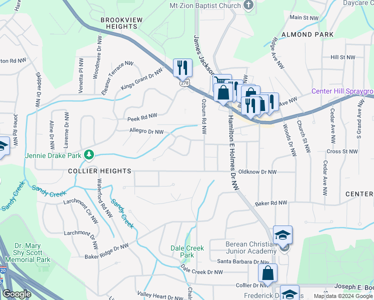 map of restaurants, bars, coffee shops, grocery stores, and more near 650 Lyric Way Northwest in Atlanta