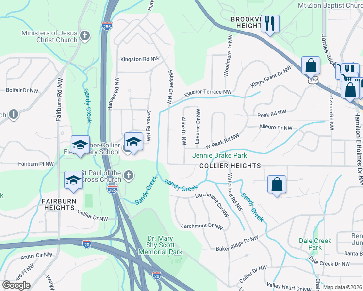 map of restaurants, bars, coffee shops, grocery stores, and more near 689 Aline Drive Northwest in Atlanta