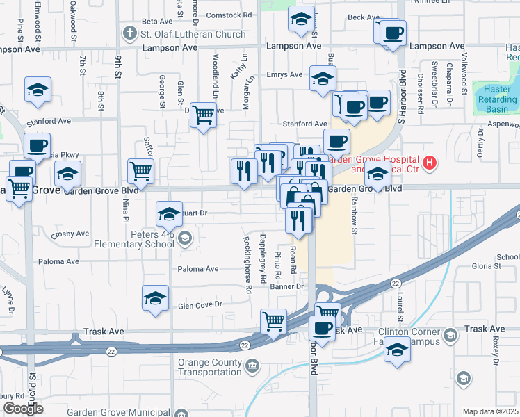 map of restaurants, bars, coffee shops, grocery stores, and more near 11801 Stuart Drive in Garden Grove