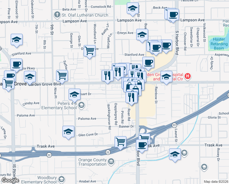 map of restaurants, bars, coffee shops, grocery stores, and more near 11801 Stuart Drive in Garden Grove