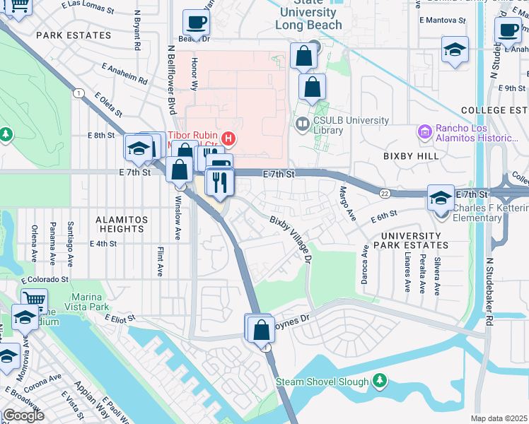 map of restaurants, bars, coffee shops, grocery stores, and more near 471 Medford Court in Long Beach