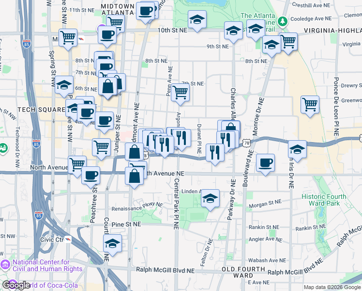 map of restaurants, bars, coffee shops, grocery stores, and more near 710 Argonne Avenue Northeast in Atlanta