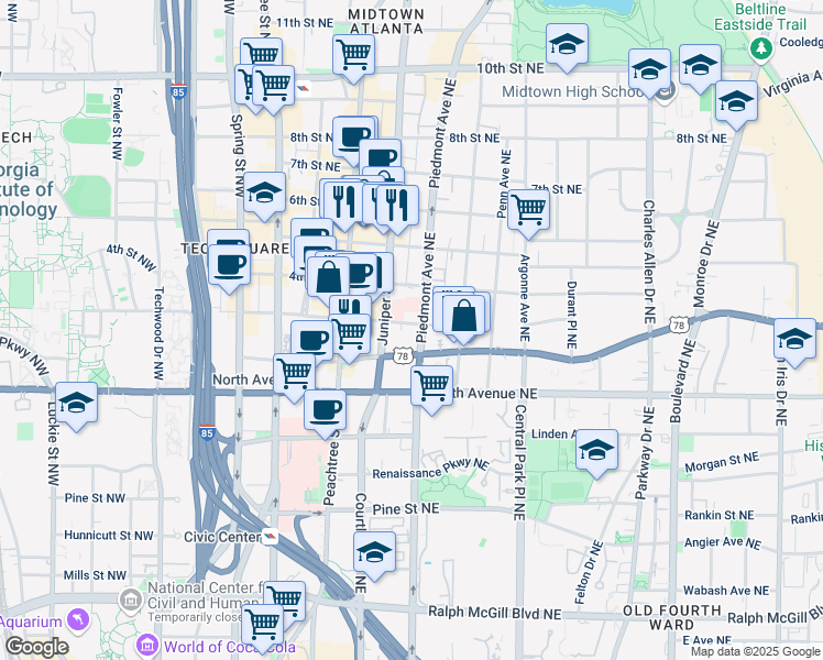 map of restaurants, bars, coffee shops, grocery stores, and more near 705 Juniper Street Northeast in Atlanta