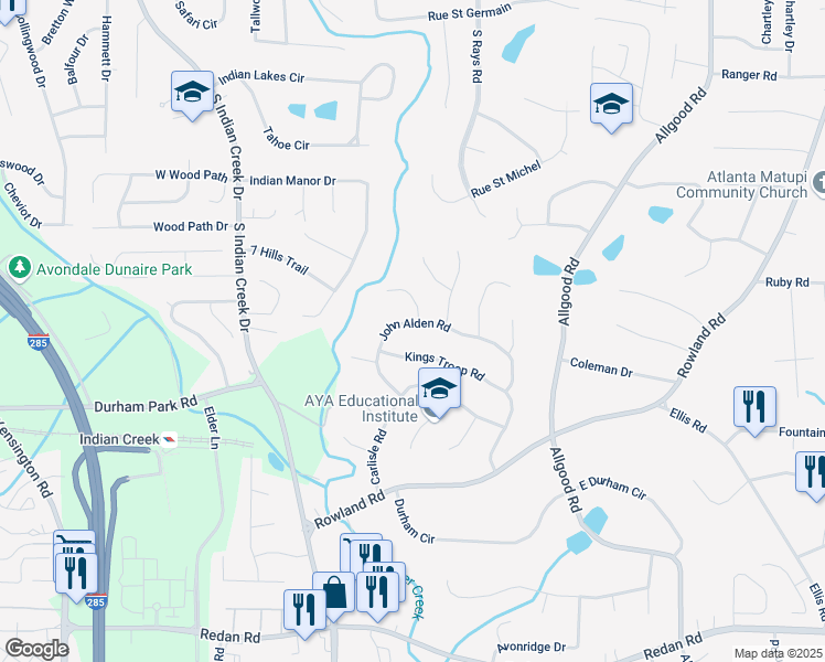 map of restaurants, bars, coffee shops, grocery stores, and more near 850 John Alden Road in Stone Mountain