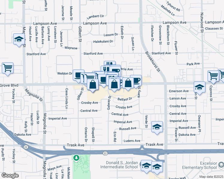 map of restaurants, bars, coffee shops, grocery stores, and more near in Garden Grove
