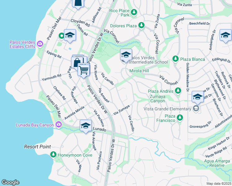 map of restaurants, bars, coffee shops, grocery stores, and more near 1001 Vía Fortuna in Palos Verdes Estates