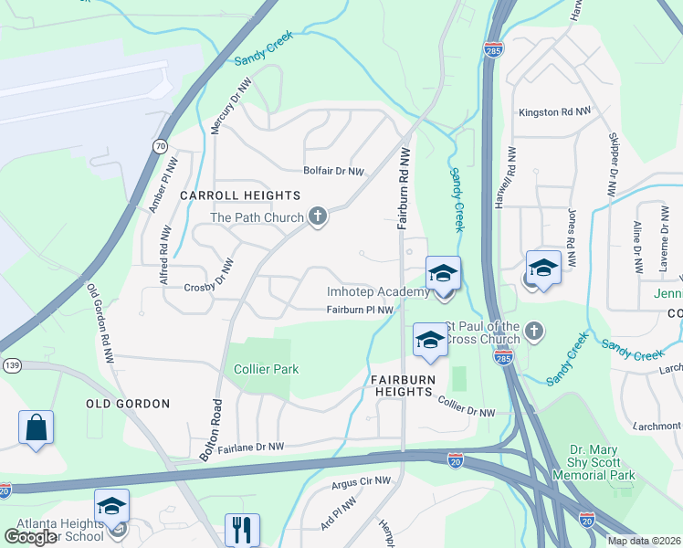 map of restaurants, bars, coffee shops, grocery stores, and more near 3508 Mark Place Northwest in Atlanta