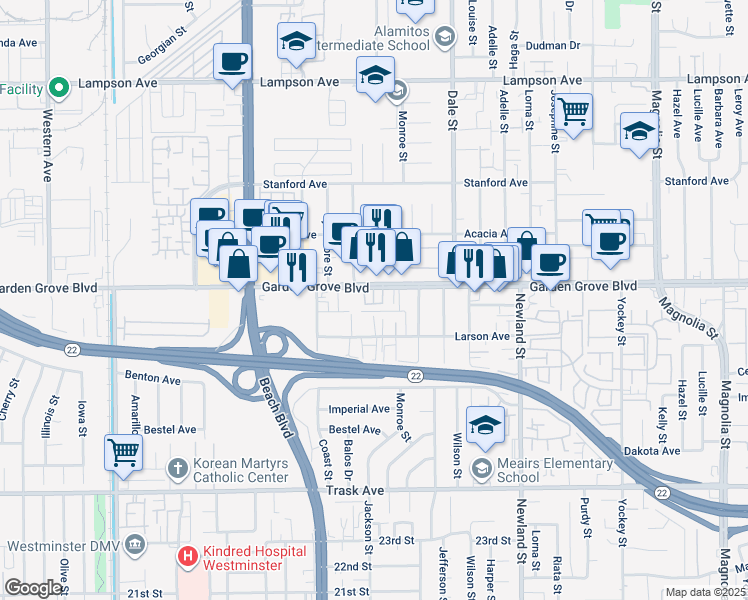 map of restaurants, bars, coffee shops, grocery stores, and more near 8257 Golden Circle Street in Garden Grove