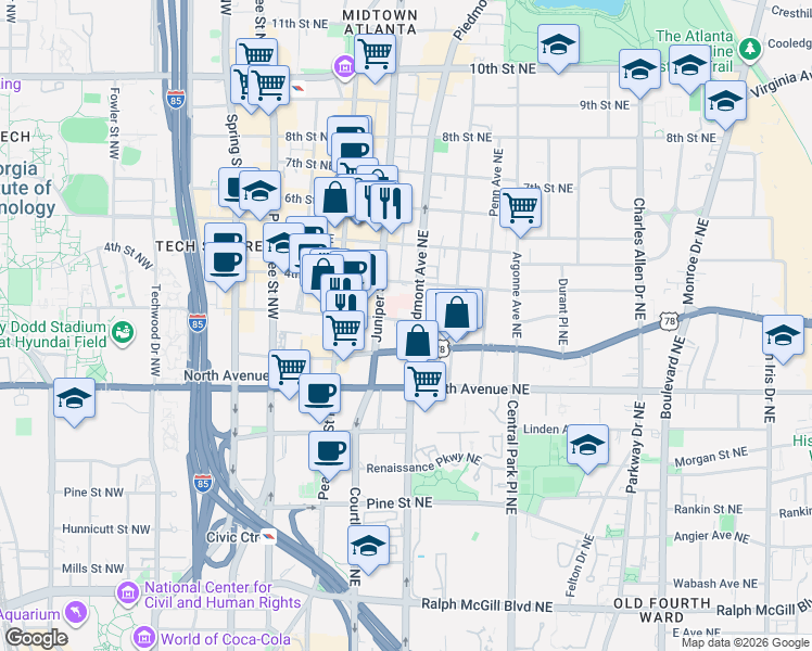 map of restaurants, bars, coffee shops, grocery stores, and more near 705 Juniper Street Northeast in Atlanta