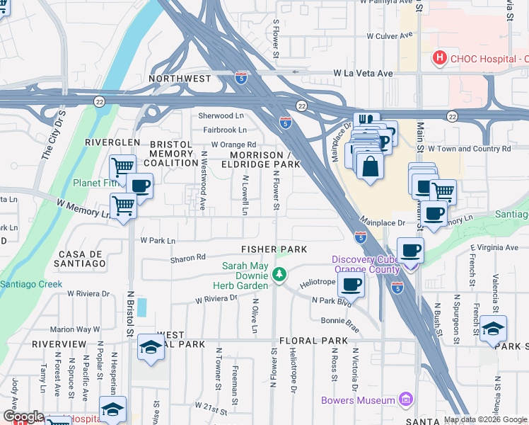 map of restaurants, bars, coffee shops, grocery stores, and more near 2733 North Flower Street in Santa Ana