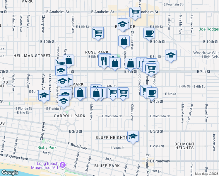map of restaurants, bars, coffee shops, grocery stores, and more near 2840 East Theresa Street in Long Beach