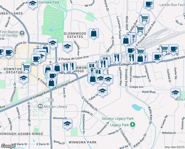 map of restaurants, bars, coffee shops, grocery stores, and more near 417 East College Avenue in Decatur