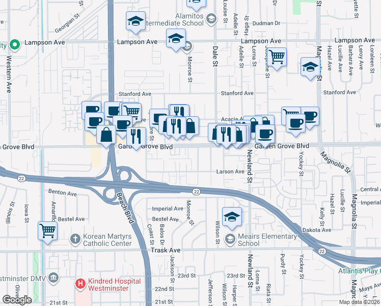 map of restaurants, bars, coffee shops, grocery stores, and more near 8342 Garden Grove Boulevard in Garden Grove