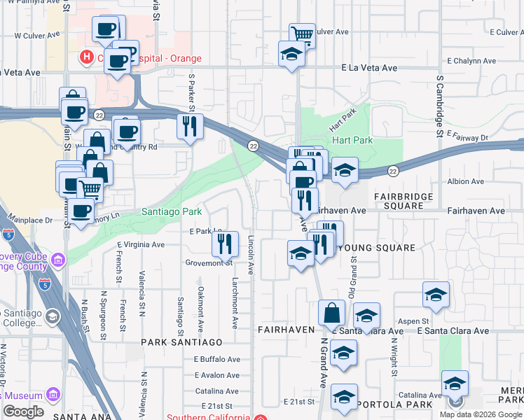 map of restaurants, bars, coffee shops, grocery stores, and more near 1201 Fairhaven Avenue in Santa Ana
