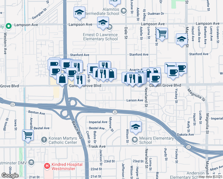 map of restaurants, bars, coffee shops, grocery stores, and more near 8391 Garden Grove Boulevard in Garden Grove