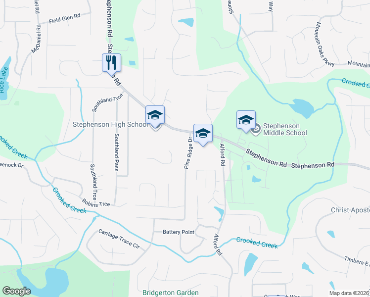 map of restaurants, bars, coffee shops, grocery stores, and more near 769 Pine Ridge Drive in Stone Mountain