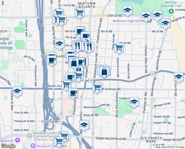 map of restaurants, bars, coffee shops, grocery stores, and more near 690 Piedmont Avenue Northeast in Atlanta