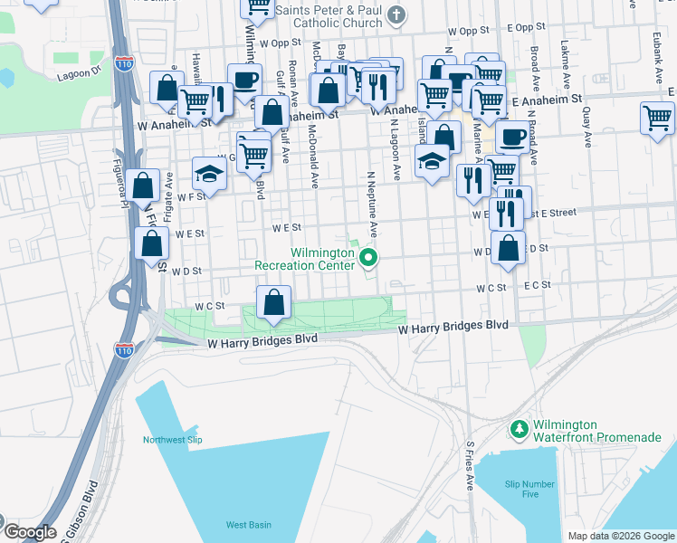 map of restaurants, bars, coffee shops, grocery stores, and more near 708 West D Street in Los Angeles
