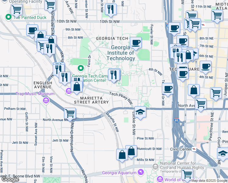 map of restaurants, bars, coffee shops, grocery stores, and more near 350 Ferst Drive in Atlanta