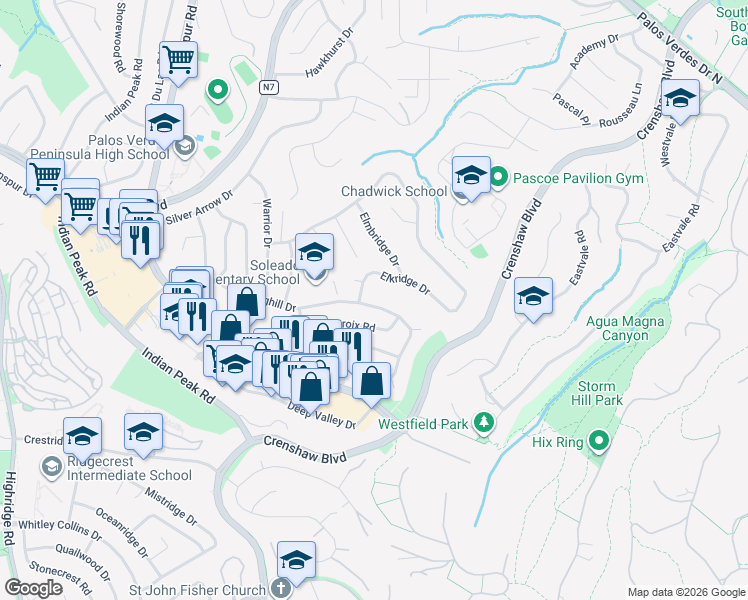 map of restaurants, bars, coffee shops, grocery stores, and more near 4926 Elkridge Drive in Rancho Palos Verdes