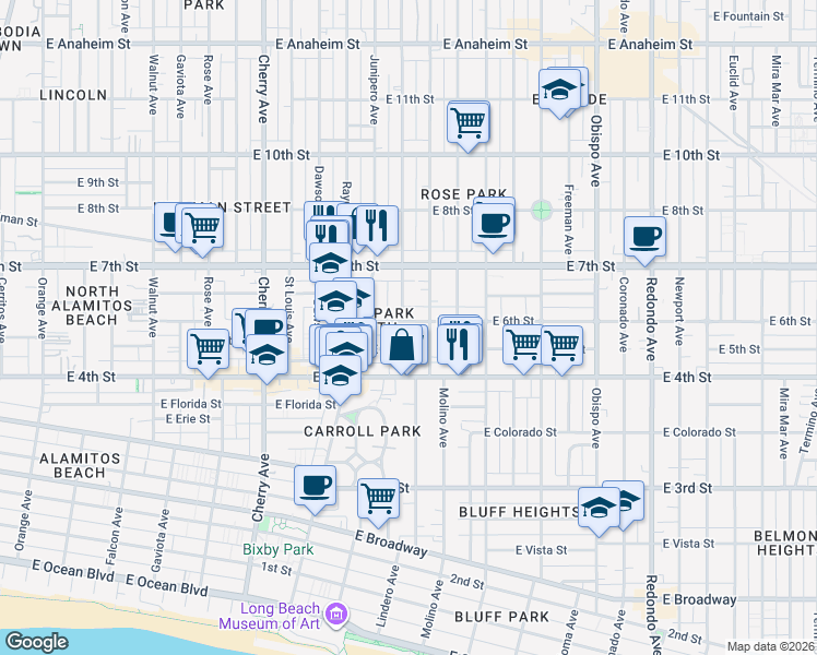map of restaurants, bars, coffee shops, grocery stores, and more near 2506 East 6th Street in Long Beach