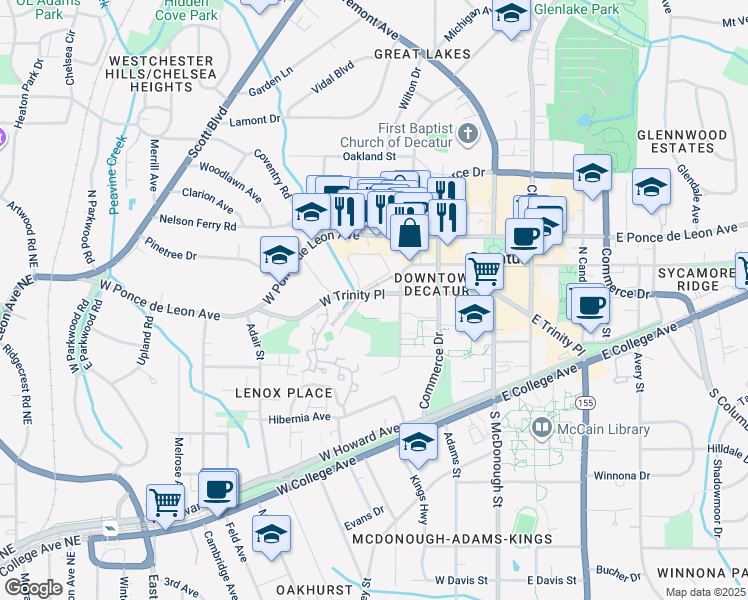 map of restaurants, bars, coffee shops, grocery stores, and more near 420 West Trinity Place in Decatur