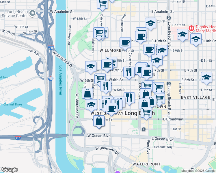 map of restaurants, bars, coffee shops, grocery stores, and more near 505 West 5th Street in Long Beach
