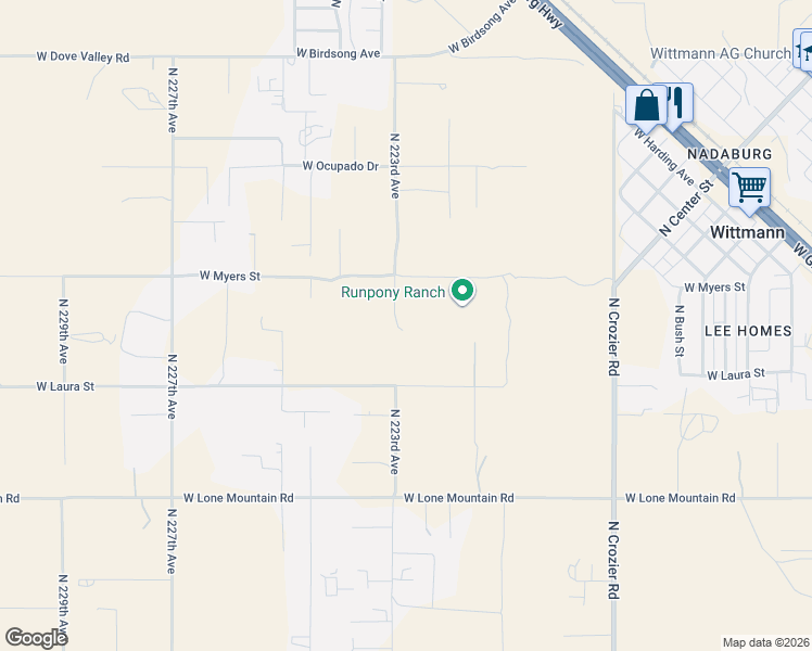 map of restaurants, bars, coffee shops, grocery stores, and more near 32015 North 223rd Avenue in Wittmann